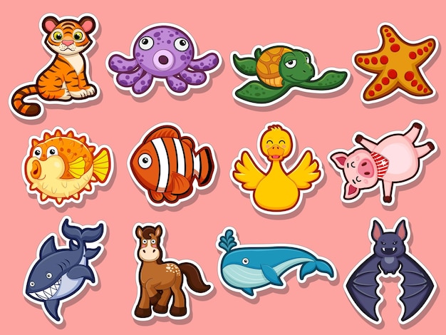 Animal stickers for kids. Collection cute Animal cartoon flat style. Vector illustration design template. Farm animals, wild animals, water animal