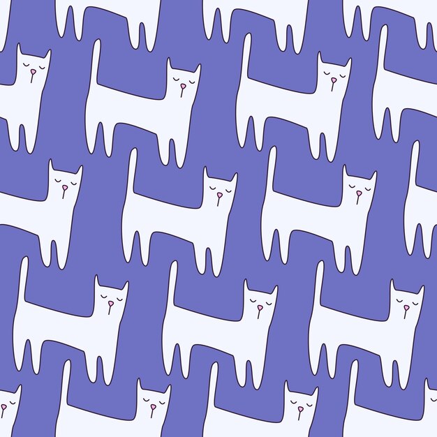 Animal Vector Cute Pattern with Cartoon Funny White Cats on a Violet Background