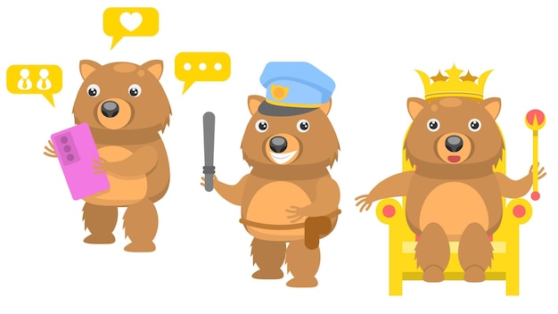 Animal Wombat King Sits On A Throne Wearing A Crown, With Smartphone, Policeman With Baton Vector