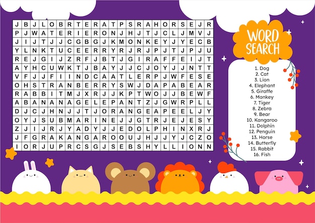 animal word search cute flat design vector printable for kids activity