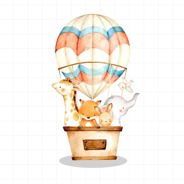 Animals in a balloon painted in watercolor