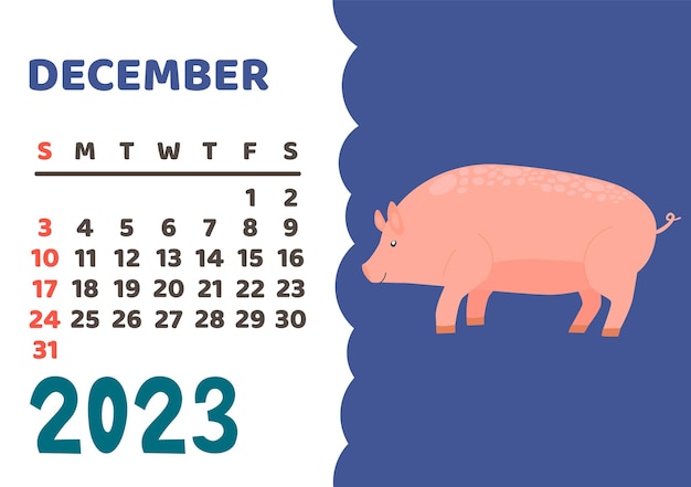 Animals calendar 2023 Cute monthly calendar with different animals funny woodland and savanna characters childrens poster vector almanac December pig