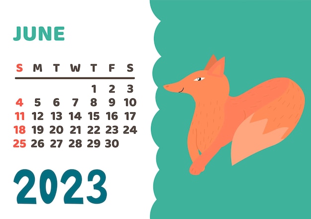 Animals calendar 2023 Cute monthly calendar with different animals funny woodland and savanna characters childrens poster vector almanac February fox