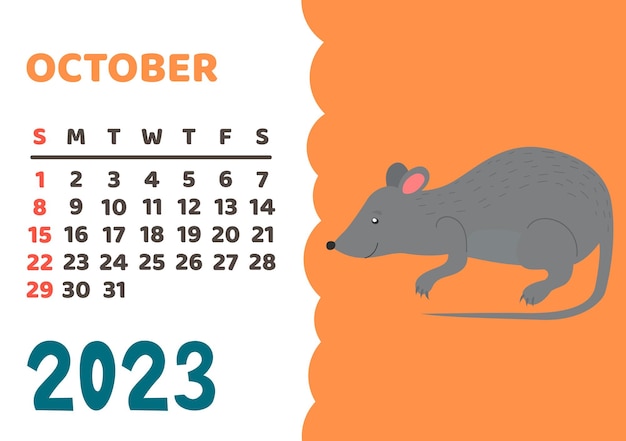 Animals calendar 2023 Cute monthly calendar with different animals funny woodland and savanna characters childrens poster vector almanac October mouse