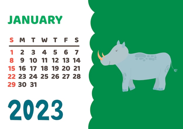 Animals calendar 2023 Cute monthly calendar with different animals funny woodland and savanna characters childrens poster vector almanac Rhino january