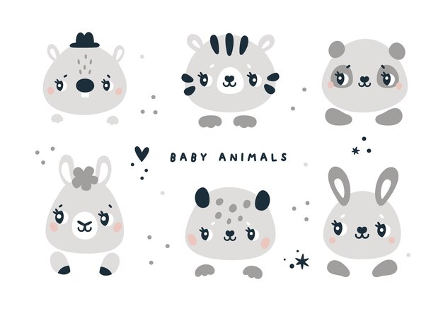 animals face collection in cartoon style Baby animals for baby shower party or nursery kids prints