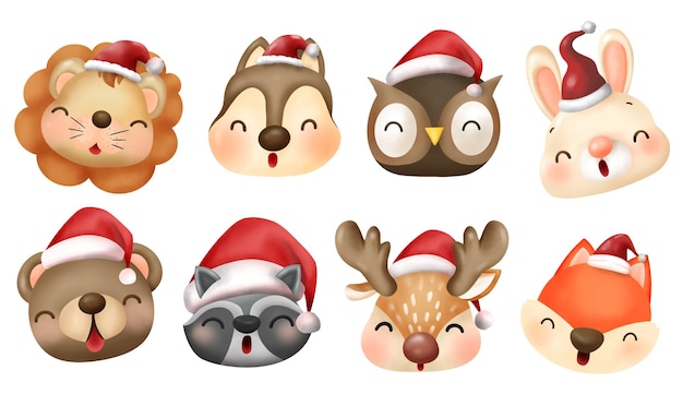 Animals face with Christmas Hat or Santa hat Watercolor Vector