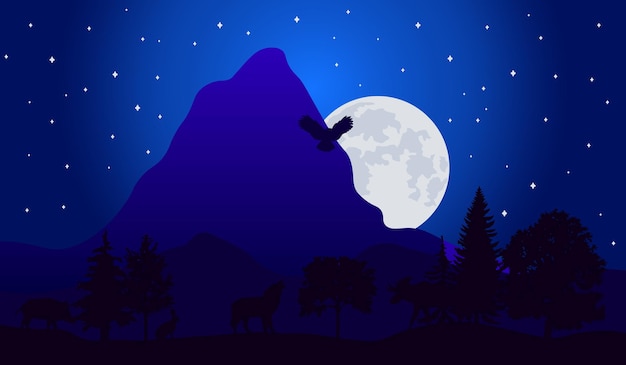 Animals in forest the full moon in a starry night vector illustration EPS10