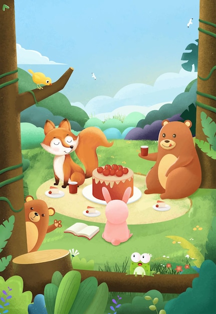 Vector the animals gathered together to celebrate their birthday