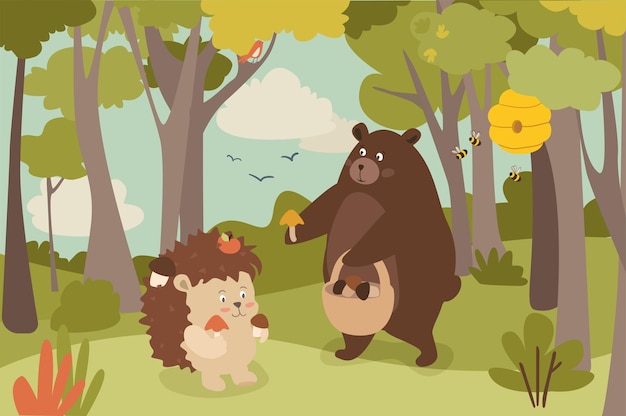 Animals gathering mushroom concept background Cute bear and hedgehog collecting mushrooms in basket