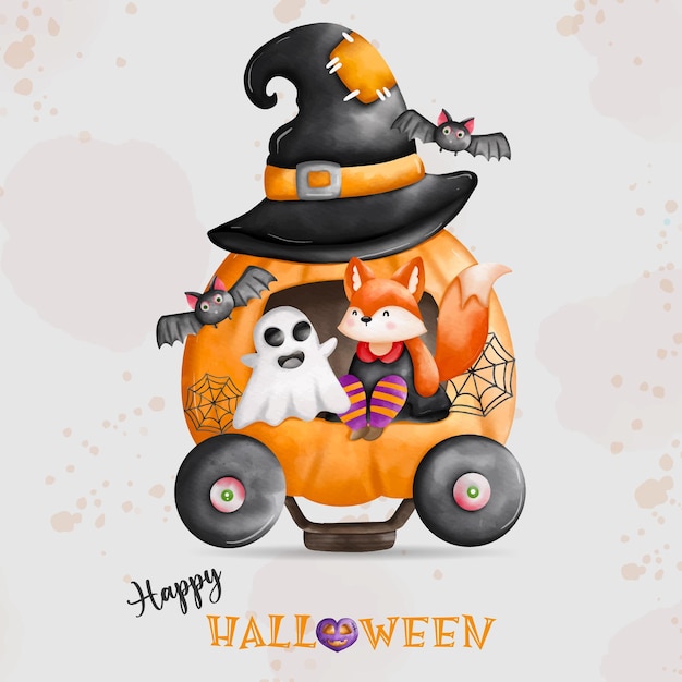 Animals in Halloween costumes for Halloween holiday Fox witch and ghost sitting on pumpkin carxDxA