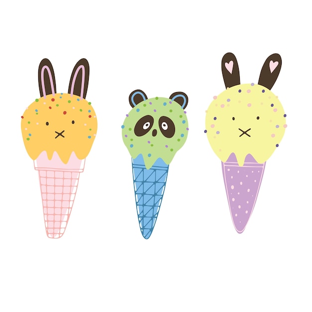 Animals ice cream illustration set