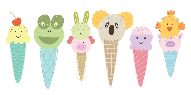 Animals ice cream illustration set