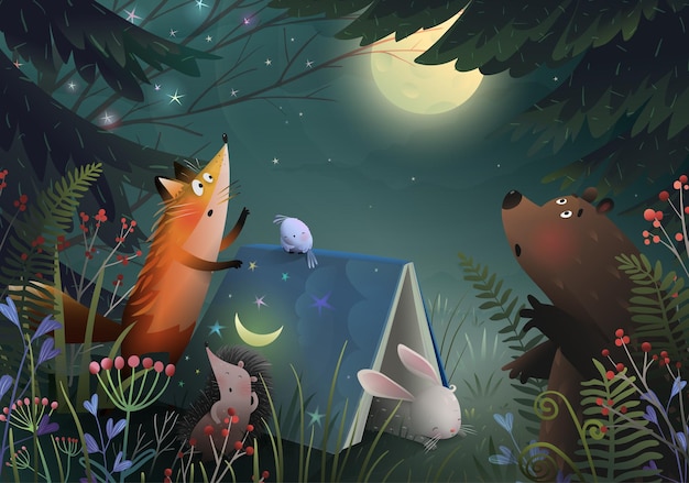 Vector animals in moon forest sleeping book illustration