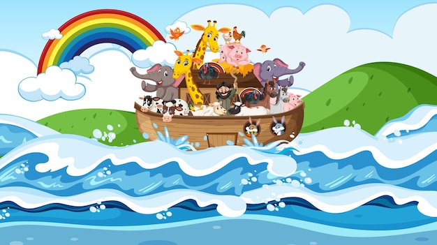 Animals on Noah's ark floating in the ocean scene