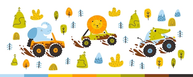 Animals off-road in cars in the mud. Cute naive cartoon characters elephant, crocodile and lion in childish hand-drawn doodle style. Ideal for baby boys.