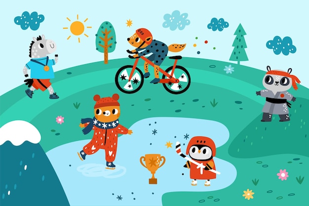 Animals outdoor sport Cute athletes are engaged physical exercises in park Ice skating pretty bear and running horse Owl playing hockey Fox riding bike Raccoon training karate Vector concept