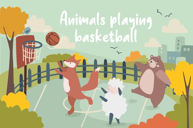 Animals playing basketball concept background