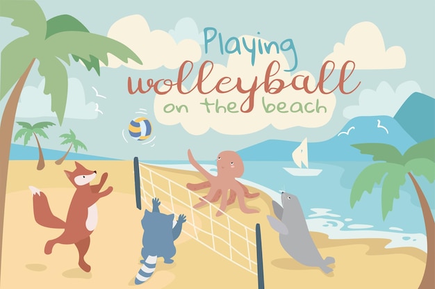 Animals playing volleyball concept background