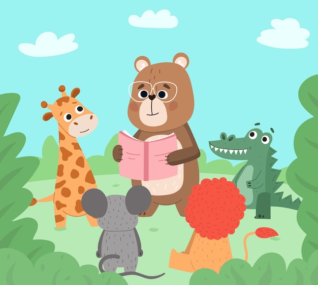 Animals reading book cute wildlife book lovers Cute bear reads to baby animals vector background illustration Cartoon cute animals reading Bear in glasses holding fairy tale characters listening