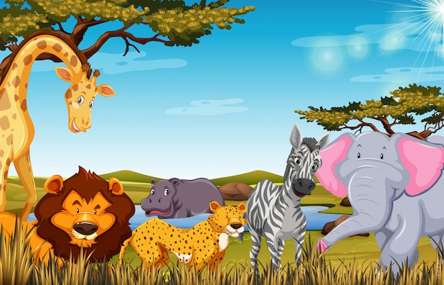 Animals in safari scene illustration