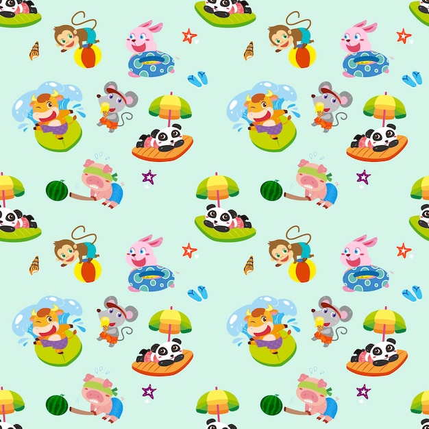 Animals seamless pattern design, lovely animals enjoying water activities