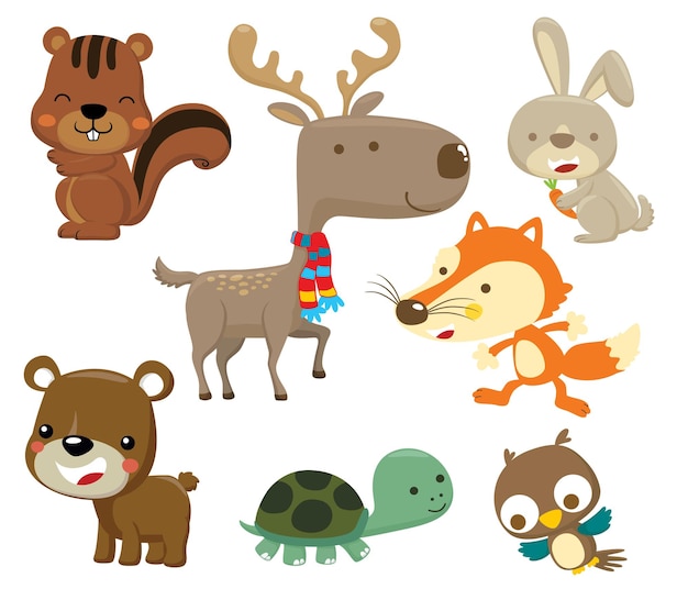 Animals set cartoon Deer squirrel bunny fox bear turtle and owl