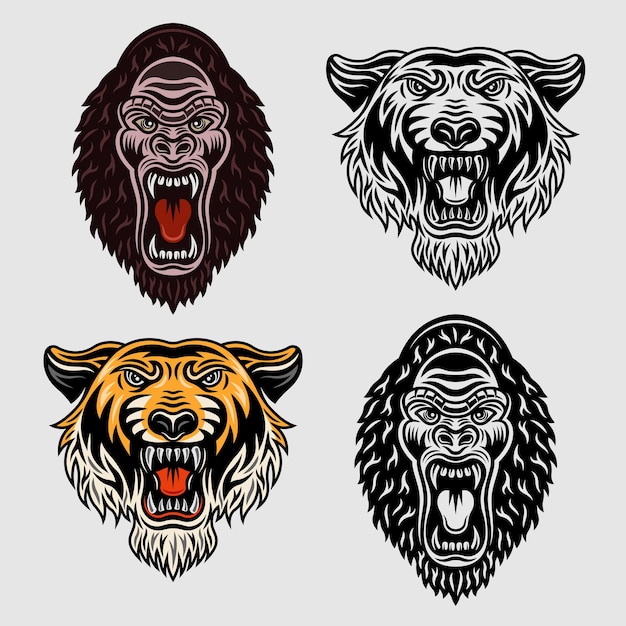 Animals set of vector objects in two styles colored and black and white Tiger head and gorilla cartoon characters