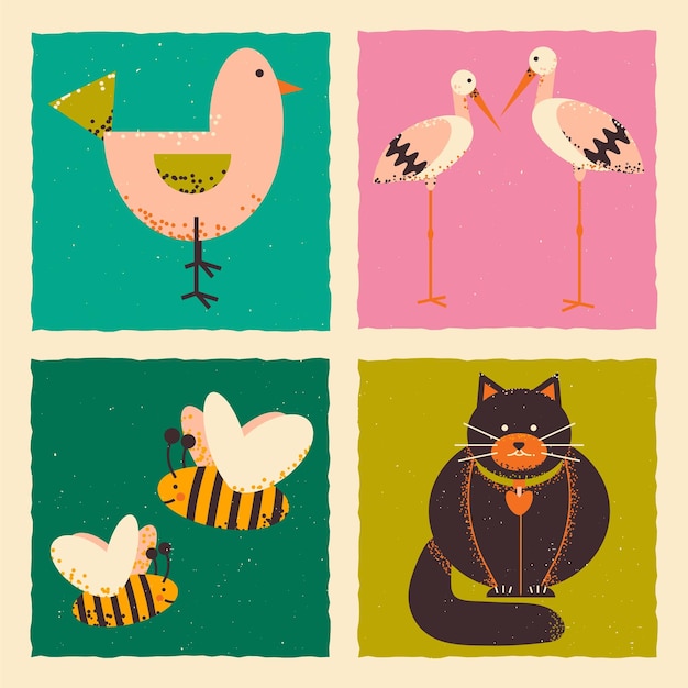 Animals Square template with cat storks bird bees in grunge style