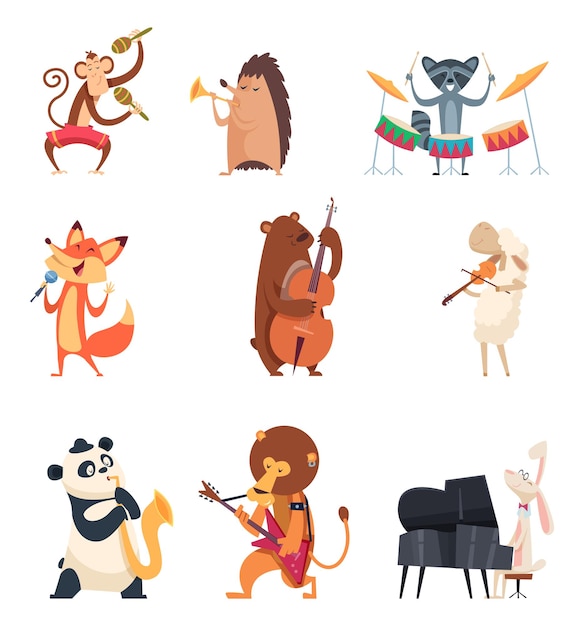 Animals with music instruments. Zoo musicians entertainment cute vocal song music band 