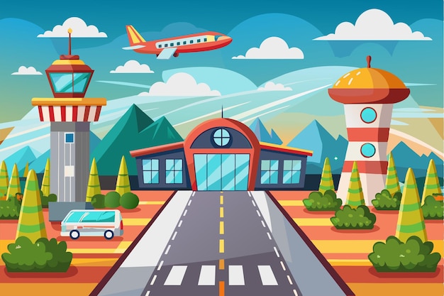 Vector an animated airport runway features a colorful airplane flying overhead surrounded by a control tower terminal trees and scenic mountains in the background