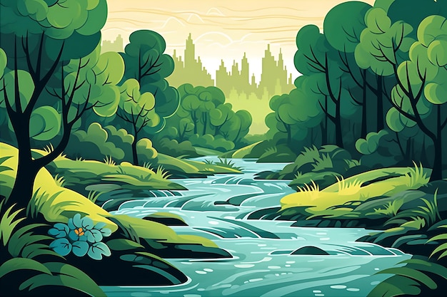 Animated Cartoon River Forest Scene