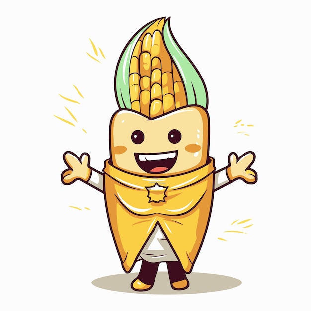 Vector animated corn cob with a cape and a superhero outfit