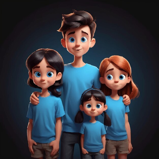 Vector animated family members and cartoon character with black background