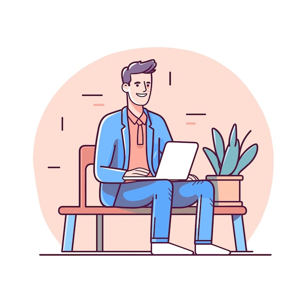 Animated male character sitting bench using laptop casual clothing smiling professional vibe