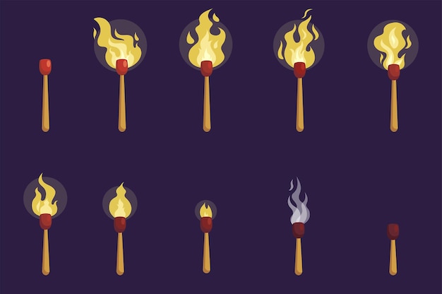 Animation frames concept in the flat cartoon style on a dark background Image of a burning match