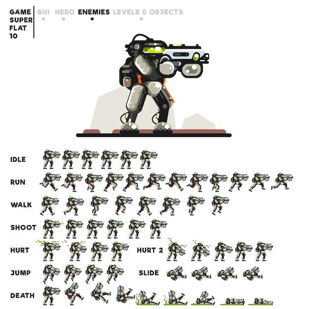 Animation of a robot with a rifle for creating a video game