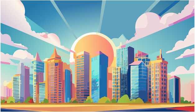 Vector anime background modern city with skyscrappers cartoon style future skyline illustration cityscape