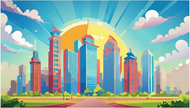 Vector anime background modern city with skyscrappers cartoon style future skyline illustration cityscape