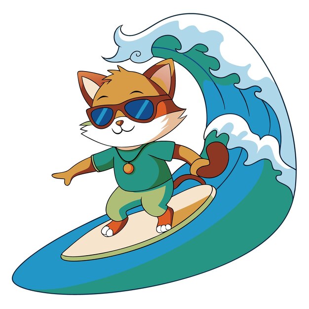 Vector anime cat surfer riding a huge wave with a relaxed cool expression and sunglasses perched on its n