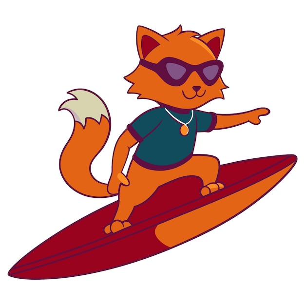 Vector anime cat surfer riding a huge wave with a relaxed cool expression and sunglasses perched on its n