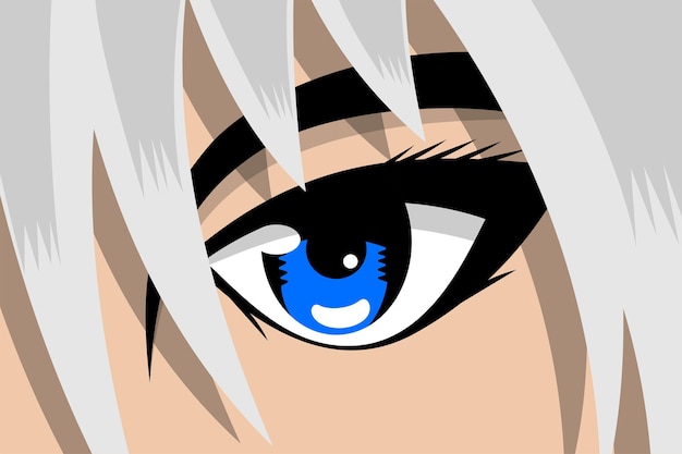 Anime comic strip pretty boy or girl face with blue eye and white hair manga comics book hero art