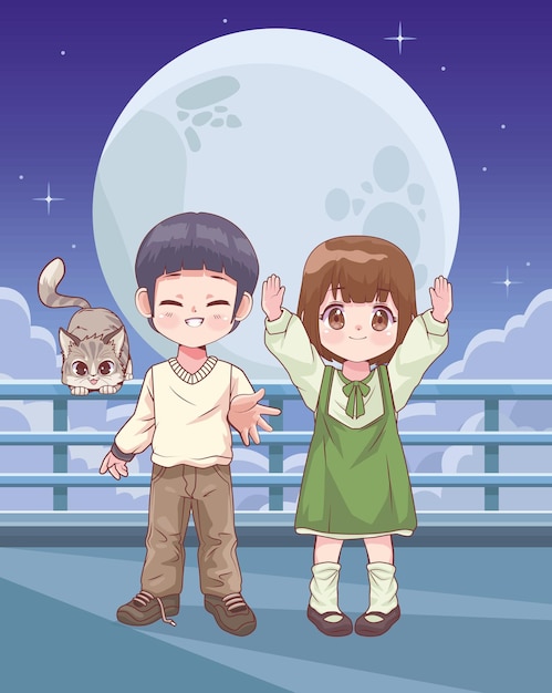 Anime couple with cat at night