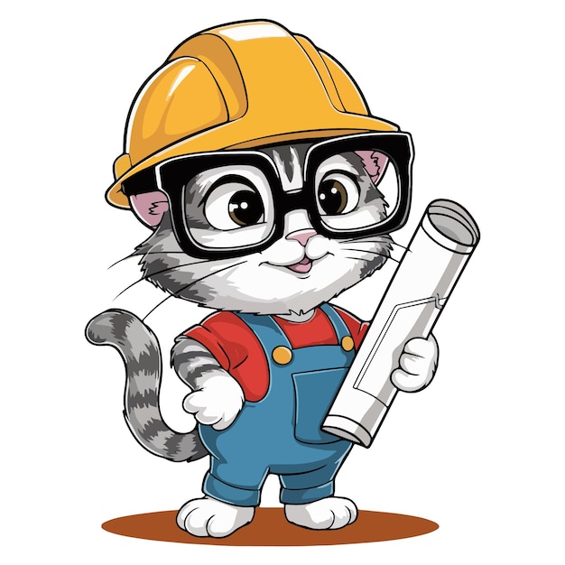 Vector anime cute a cat in engineer uniform on white background