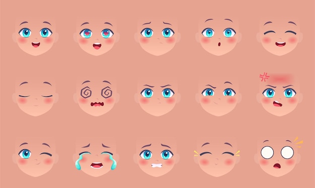 Anime faces Manga eyes nose and lips funny expressions cartoon kawaii comic faces characters exact vector creation kit