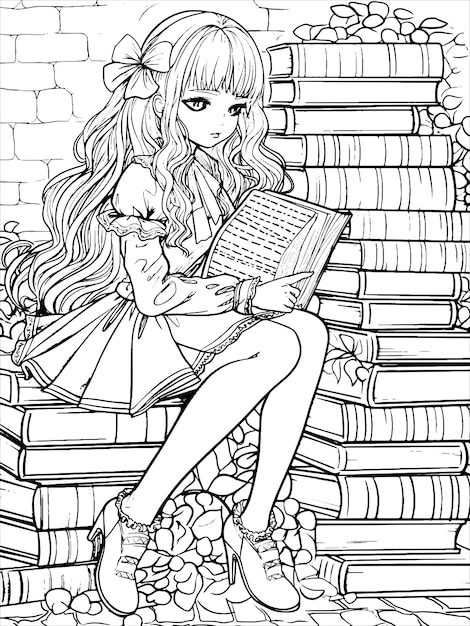 Anime girl in the library sitting on a stack of books coloring book style vector generative ai