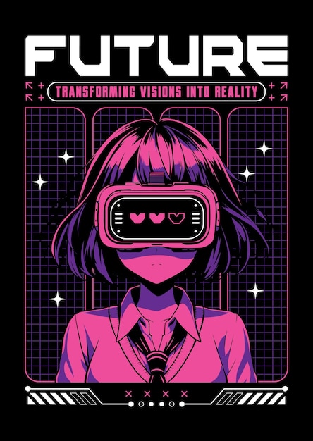 Vector anime girl poster in manga style tokyo japan anime girl with concept of vrretrofuturismcyberpunk