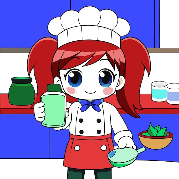 Vector anime girl with brown hair in a ponytail wearing a chefs uniform drinking milk in a kitchen