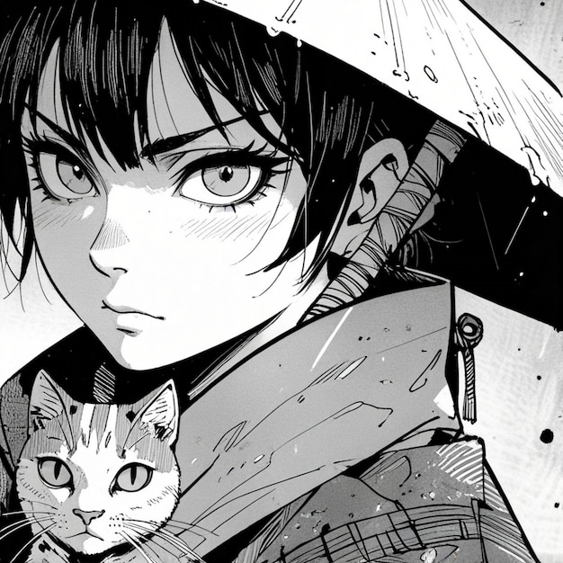 Vector an anime girl with an umbrella and a cat under it