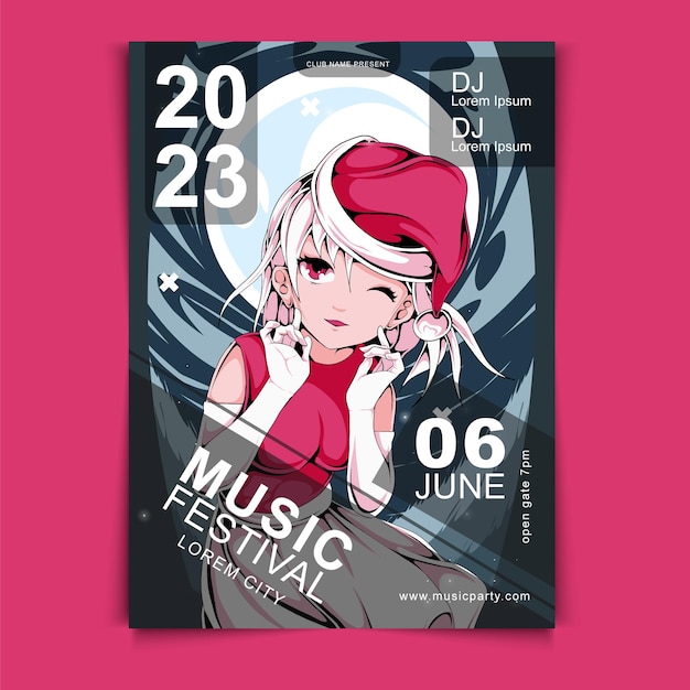 Vector anime hand drawn music festival poster design template